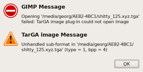 Screenshot of a GIMP error message not accepting my TarGA format
