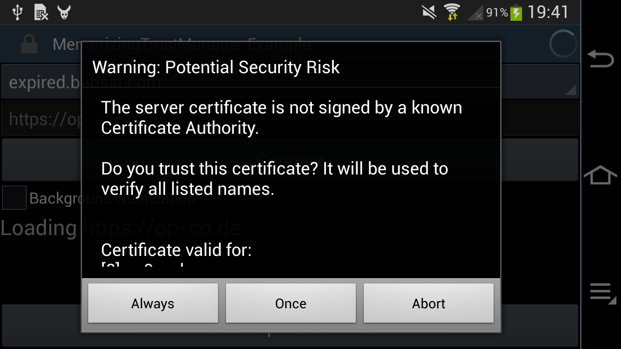 Screenshot: certificate error