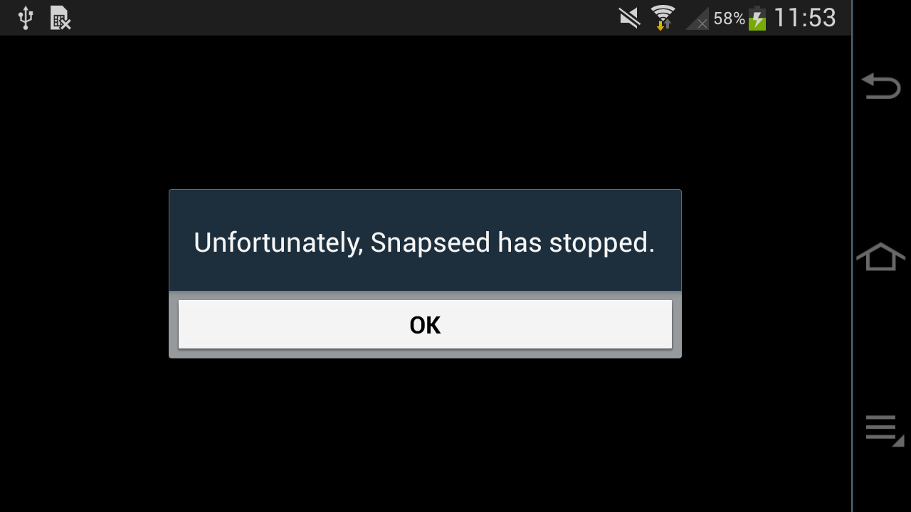 Screenshot: Unfortunately, Snapseed has stopped.