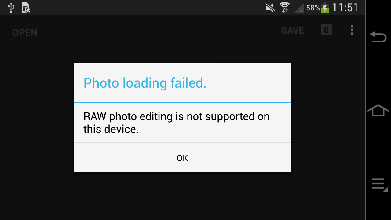 Screenshot: RAW photo editing is not supported on this device