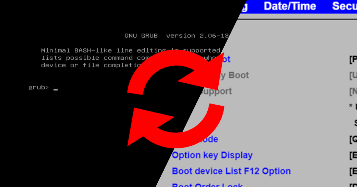 Screenshots of GRUB2 and BIOS setup overlaid with a red double-arrow